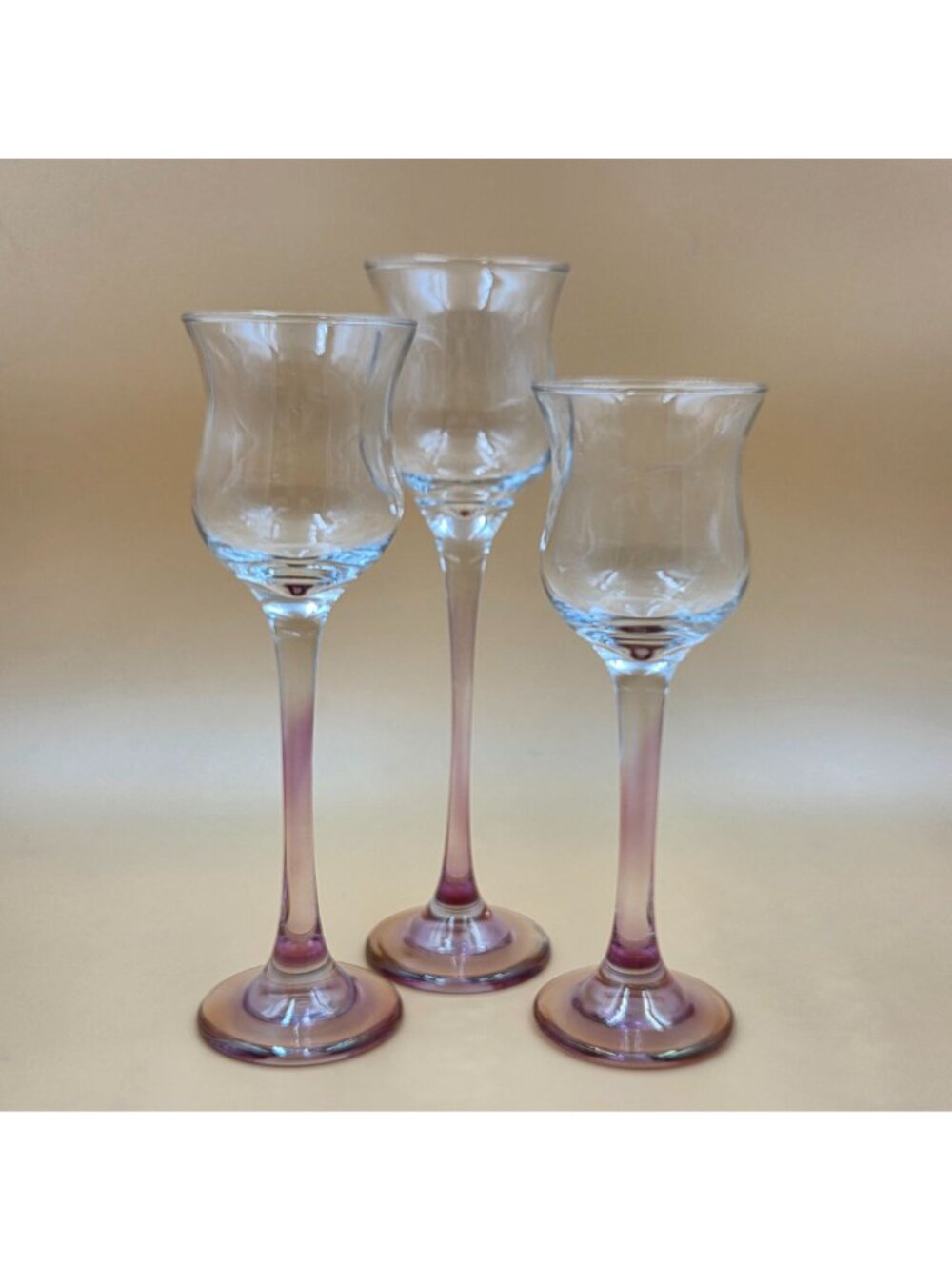 Vintage Pink Iridescent Stemmed Glass Candleholder Set Graduated Trio - Picture 2 of 5